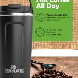 Reusable Coffee Cup with Lid and Handle - Stainless Steel Insulated Coffee Mug for Hot & Cold Drinks - Ideal Travel Mugs - 100% Leak-Proof Tumbler - 16 oz Black