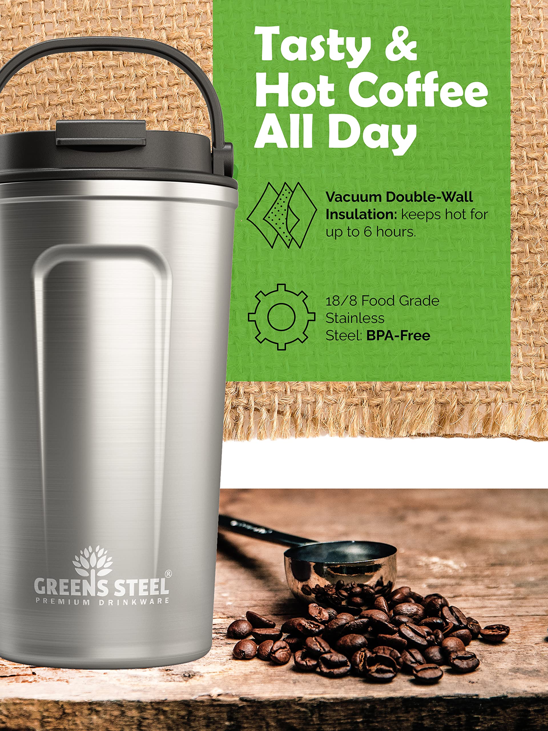 Stainless Steel Insulated Coffee Mug for Hot & Cold Drinks, 12 oz Silver - Coffee Cup with Lid and Handle - Coffee Travel Mug - 100% Leak-Proof Insulated Coffee Tumbler - Travel Coffee Mug Spill Proof