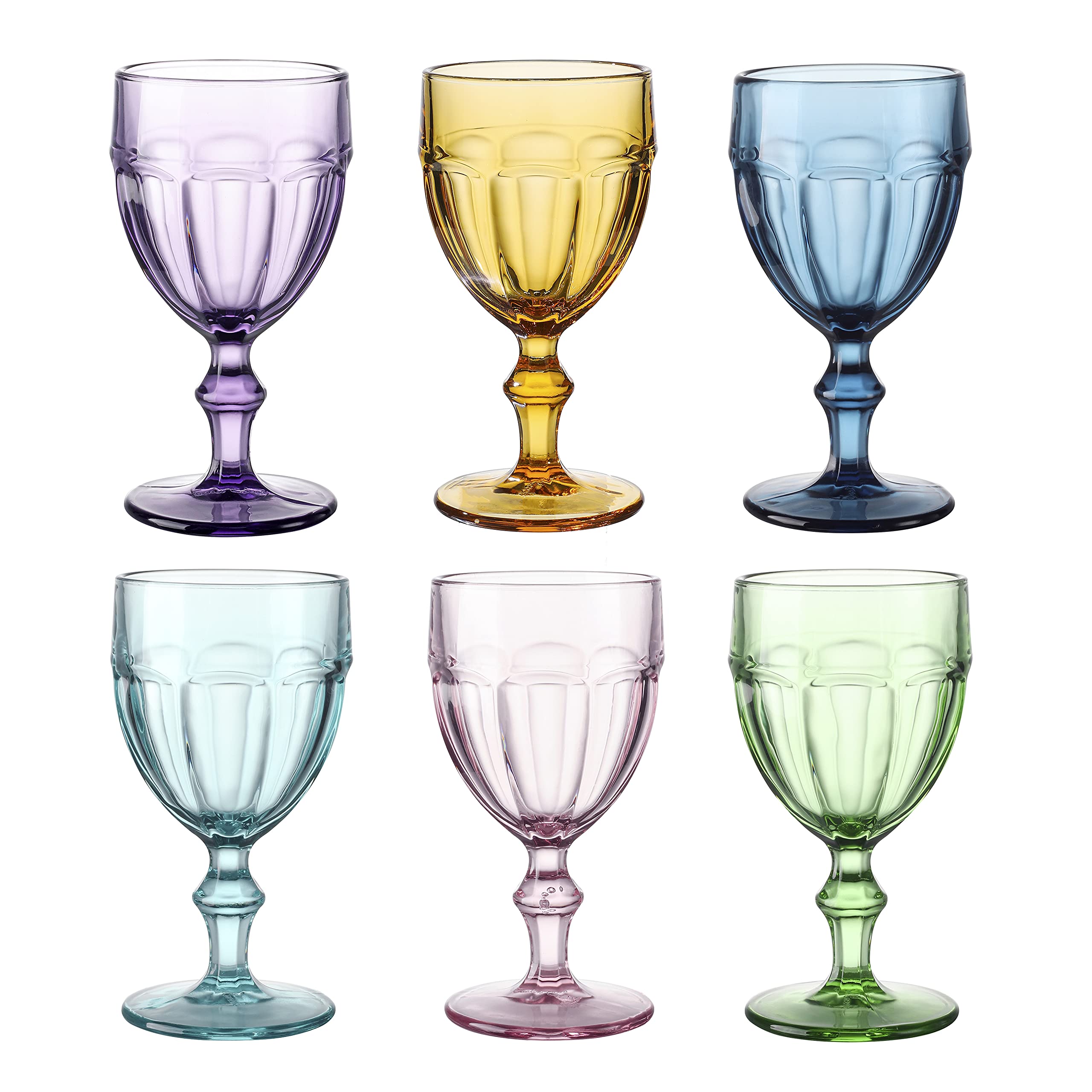 EAST CREEK | Set of 6 Colored Glassware Goblets | Vintage Wine Goblet | 8.5 oz Embossed Design | Drinking Glass with Stem | Glass for Wedding, Party, Daily Use (Multi Color)