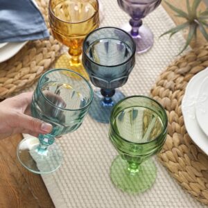 EAST CREEK | Set of 6 Colored Glassware Goblets | Vintage Wine Goblet | 8.5 oz Embossed Design | Drinking Glass with Stem | Glass for Wedding, Party, Daily Use (Multi Color)