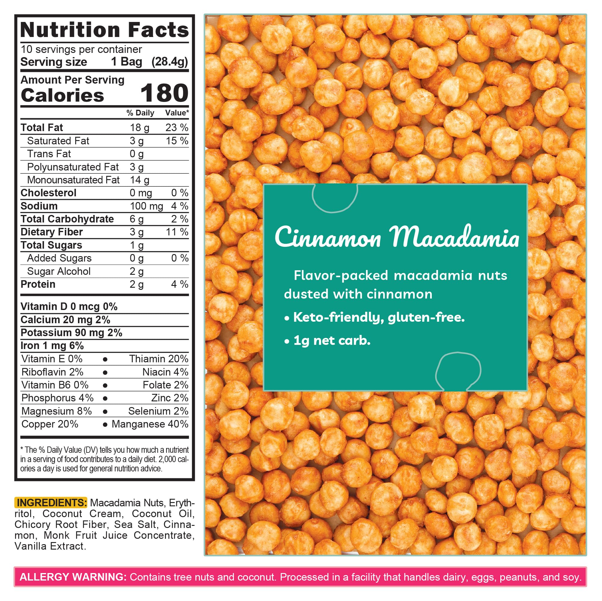 TGB Cinnamon Macadamia Nuts | 1g Net Carb Keto Snack | Gluten Free Low Carb Candy, 10 Ounces