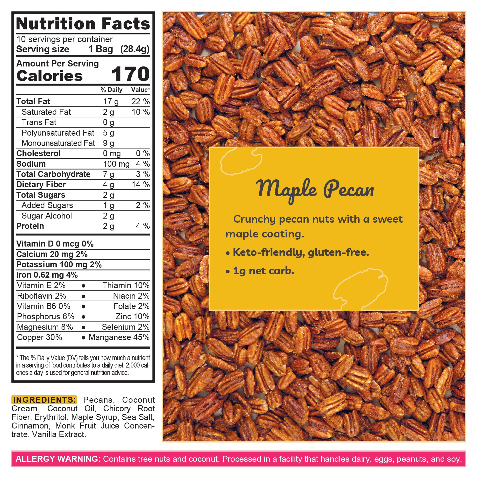 TGB Maple Pecans | 1g Net Carb Keto Snack | Gluten Free Low Carb Candy Nuts, 10 Ounces