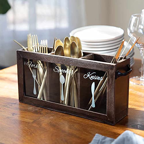 BLU MONACO Expresso Wooden Flatware, Cutlery,Kitchen Utensil & Silverware Caddy Organizer Bin Holder for Forks, Spoons, Knives - Perfect for Kitchen Countertop