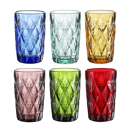 EAST CREEK Double Old Fashioned Glasses Beverage Glass Cup,Colored Glass Drinkware 12 Ounce Water Glasses Multi Color Diamond Pattern Set of 6