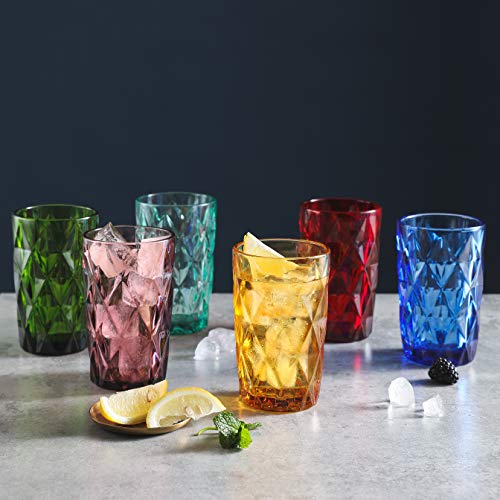 EAST CREEK Double Old Fashioned Glasses Beverage Glass Cup,Colored Glass Drinkware 12 Ounce Water Glasses Multi Color Diamond Pattern Set of 6