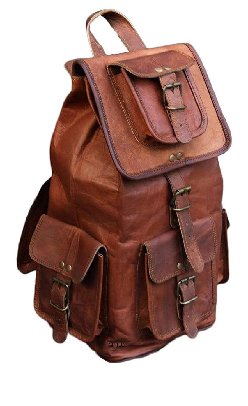 GifteQ Retro Travel Rucksack Backpack Brown Leather Bag for Men Women (18")