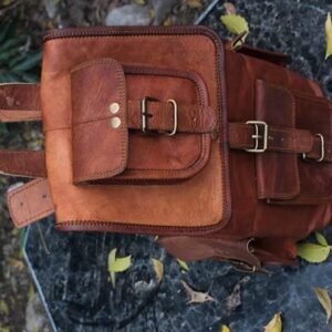 GifteQ Retro Travel Rucksack Backpack Brown Leather Bag for Men Women (18")