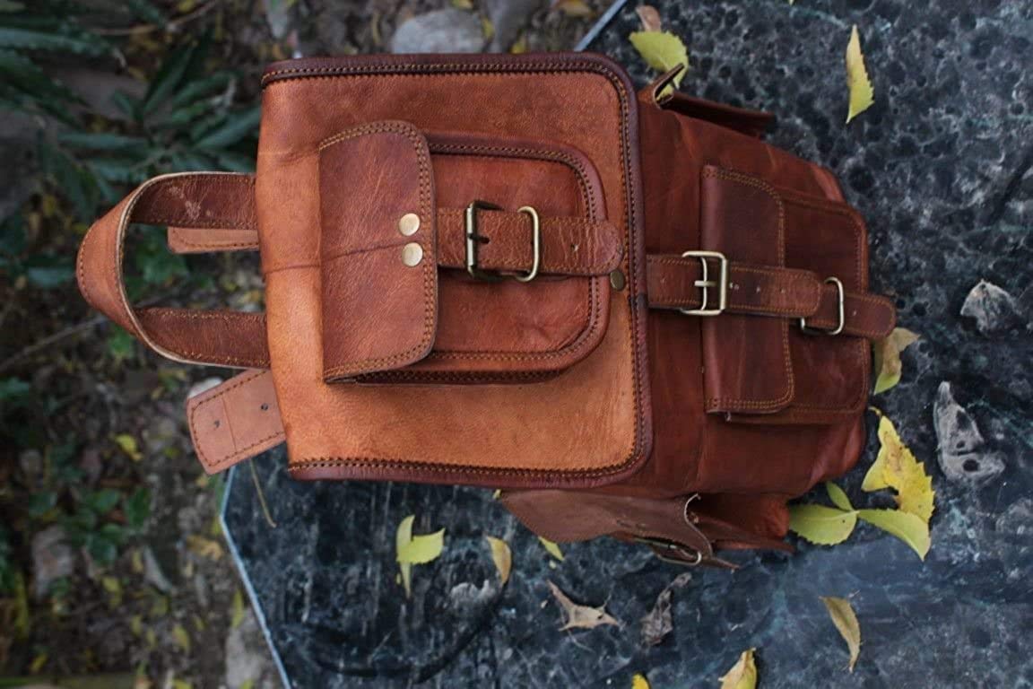 GifteQ Retro Travel Rucksack Backpack Brown Leather Bag for Men Women (18")