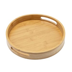 13.8 inch bamboo round serving tray, wood tray with handles, natural wooden tray for ottoman, kitchen/coffee table
