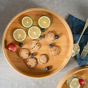 13.8 inch Bamboo Round Serving Tray, Wood Tray with Handles, Natural Wooden Tray for Ottoman, Kitchen/Coffee Table