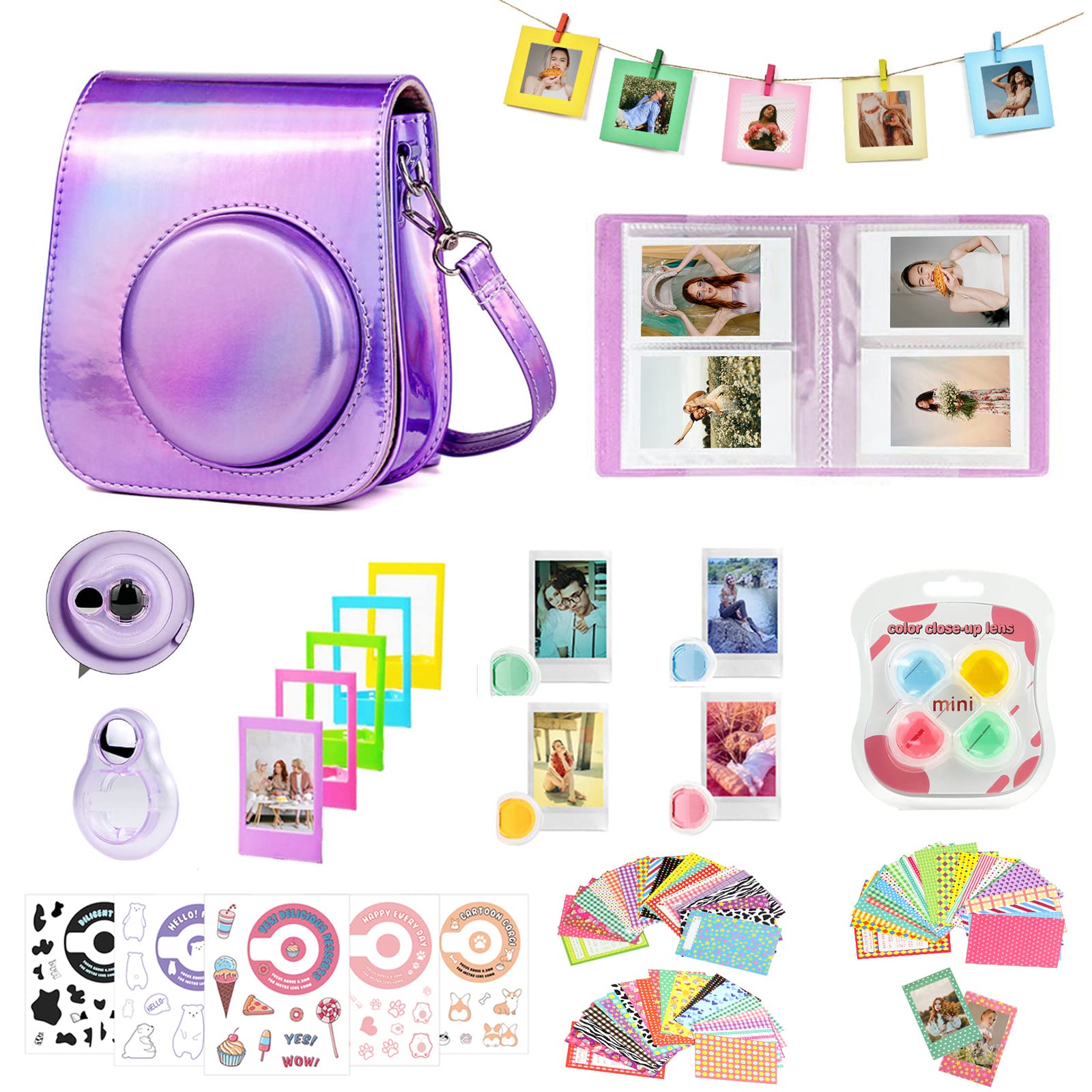 CAIYOULE Accessories Kit for Fujifilm Instax Mini 11 Instant Camera Include Protective PU Leather Case & Mini Album & Frames & DIY Sticker & Filter(Shiny Purple)