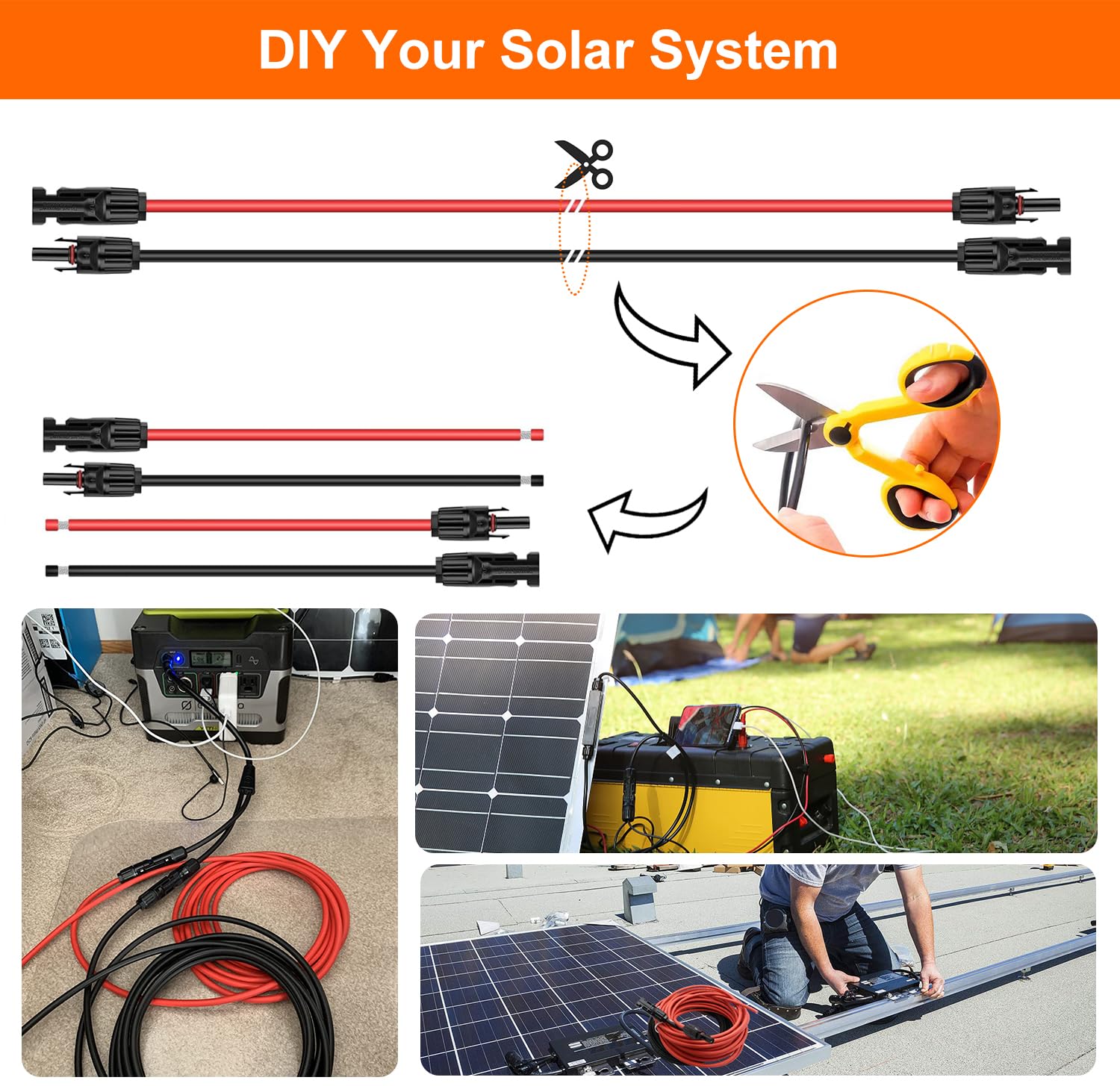 10AWG Solar Extension Cable 50Ft, 10 Gauge Solar Panle Extension Cables Wire 50 Feet with Female and Male Solar Connector Adapter Kit (Red&Black)