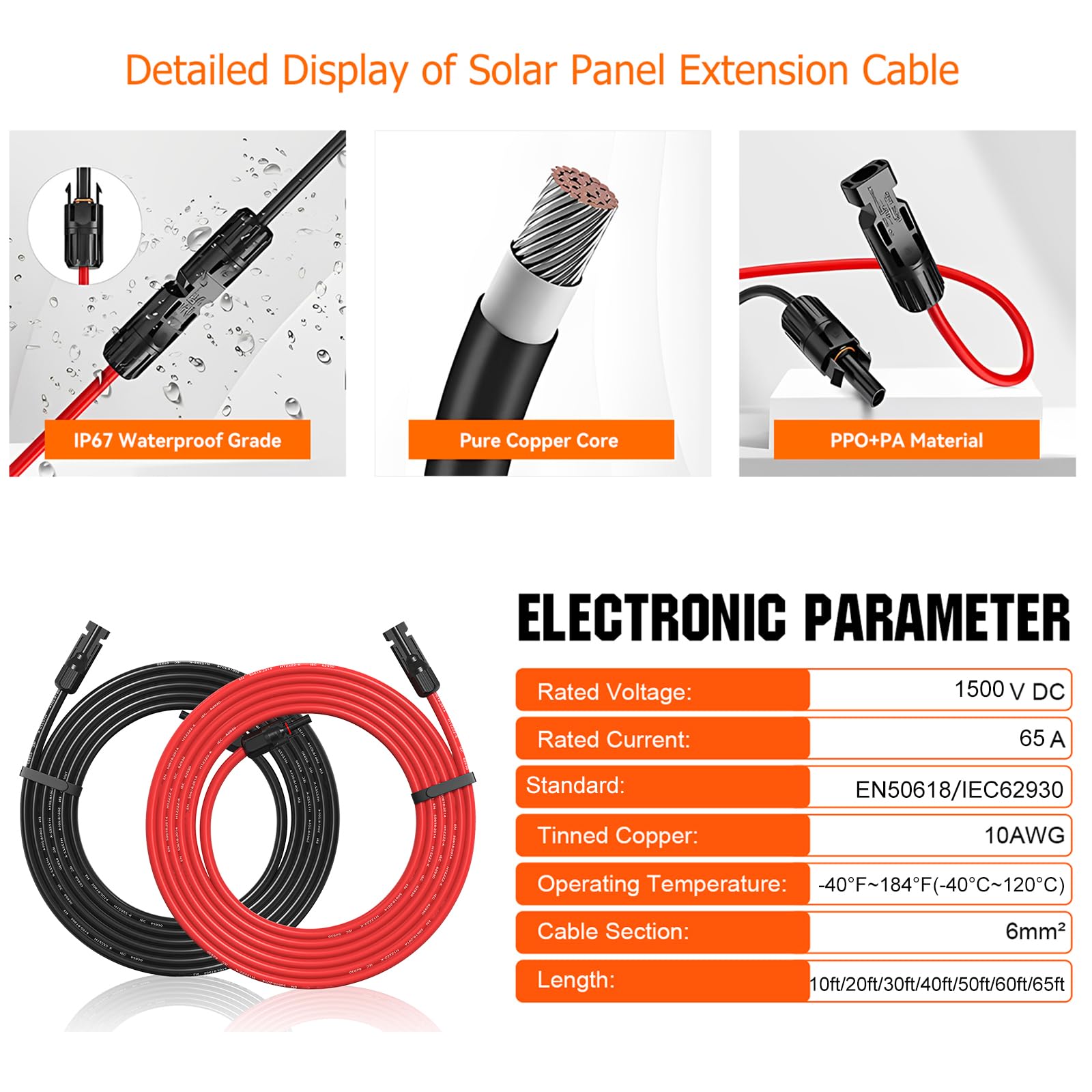 10AWG Solar Extension Cable 50Ft, 10 Gauge Solar Panle Extension Cables Wire 50 Feet with Female and Male Solar Connector Adapter Kit (Red&Black)