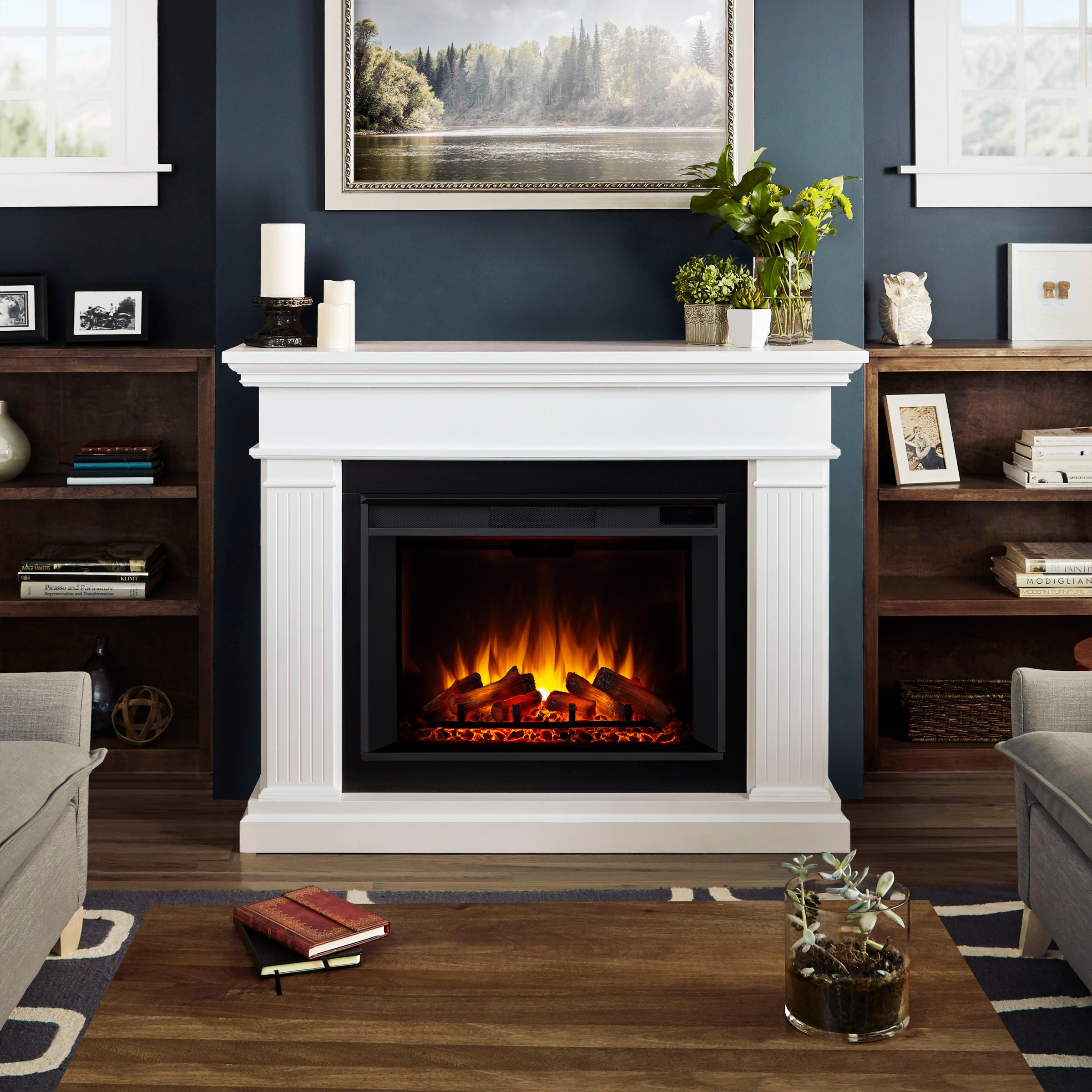 Real Flame Centennial Grande Electric Fireplace, Free-Standing with Mantel & Real Wood Finish - 6 Flame Colors, 5 Brightness Levels