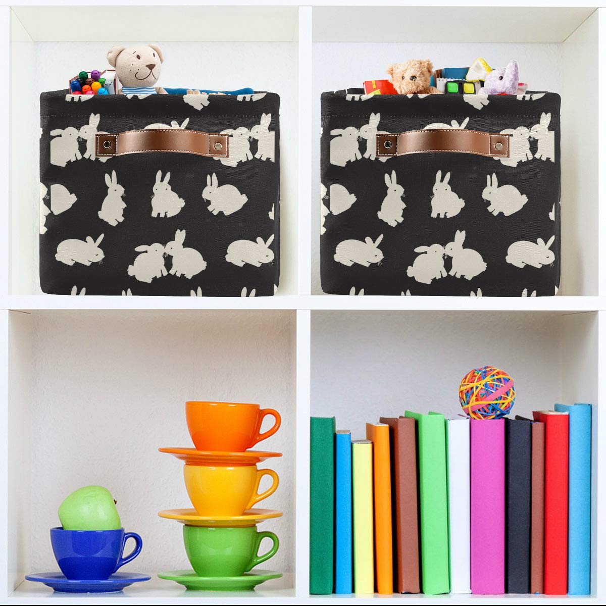 HMZXZ Cute Rabbit Bunny Canvas Fabric Storage Basket Collapsible Toys Storage Bin with PU Leather Handles Basket Box Organizer for Wardrobe Closet Shelves Organiser