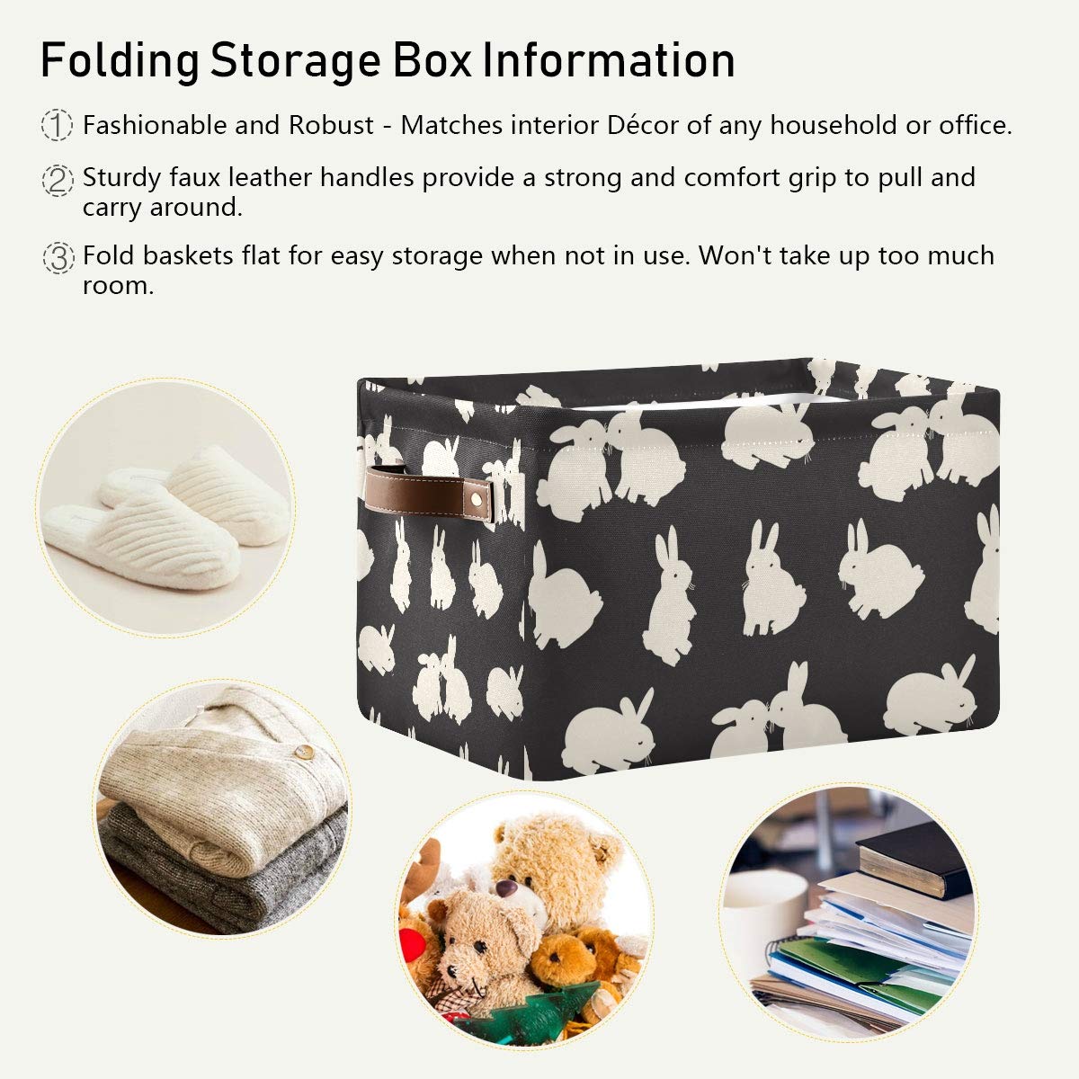 HMZXZ Cute Rabbit Bunny Canvas Fabric Storage Basket Collapsible Toys Storage Bin with PU Leather Handles Basket Box Organizer for Wardrobe Closet Shelves Organiser