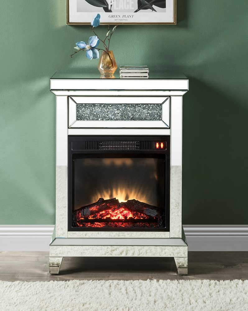 Acme Noralie Wooden Electric Fireplace with Drawer in Mirrored and Faux Diamonds