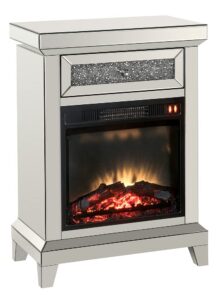 acme noralie wooden electric fireplace with drawer in mirrored and faux diamonds