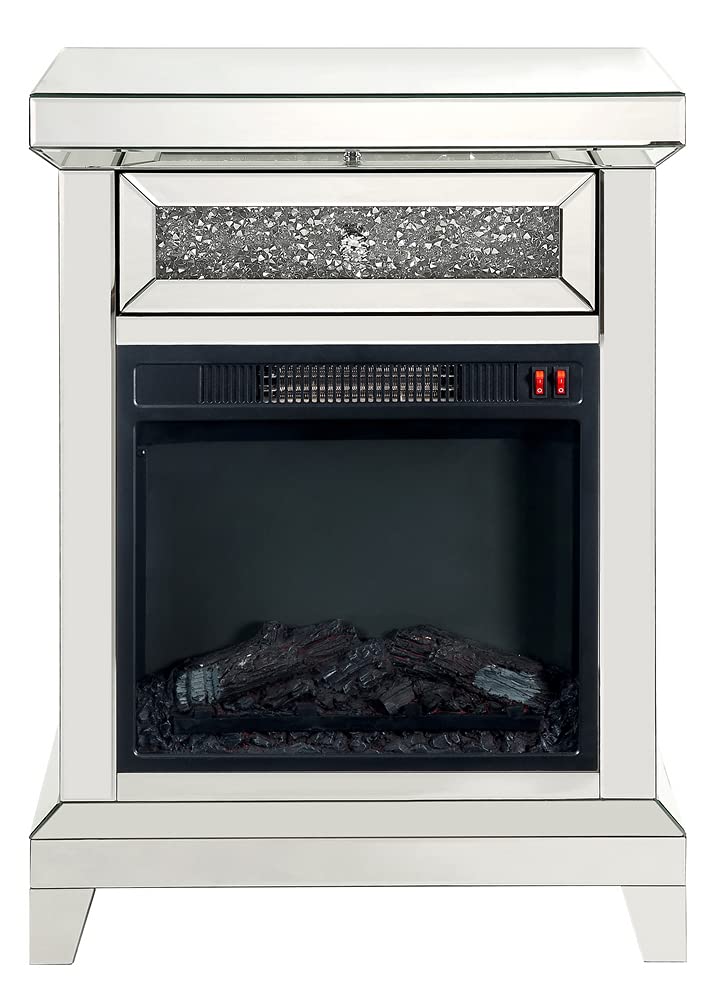 Acme Noralie Wooden Electric Fireplace with Drawer in Mirrored and Faux Diamonds