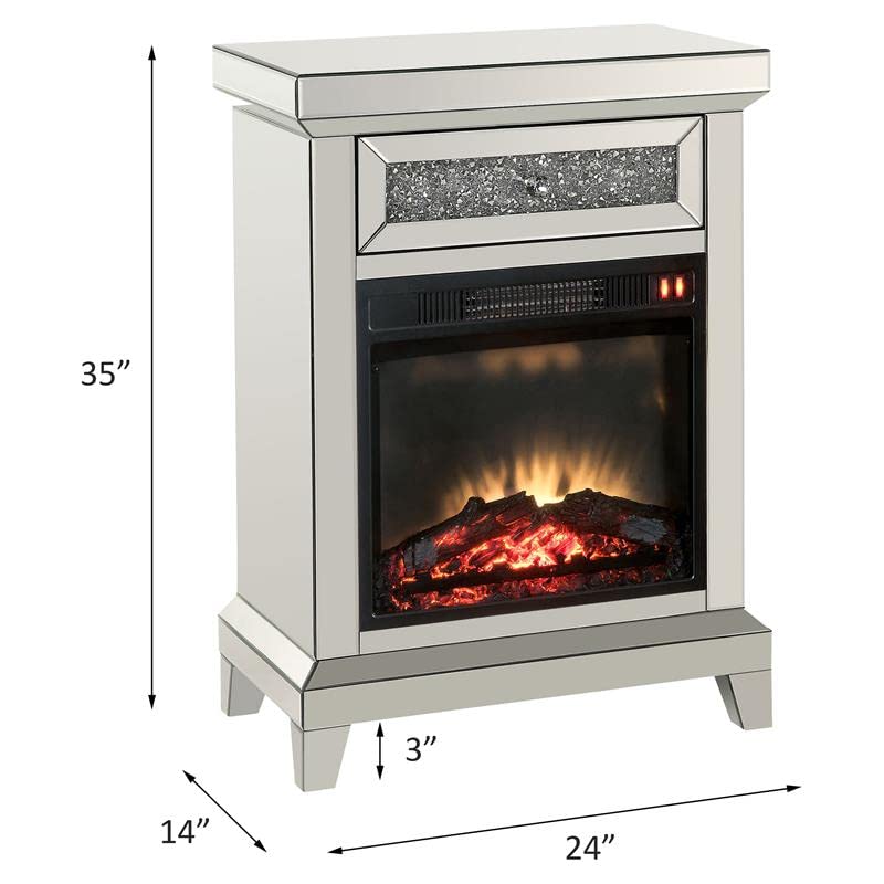 Acme Noralie Wooden Electric Fireplace with Drawer in Mirrored and Faux Diamonds