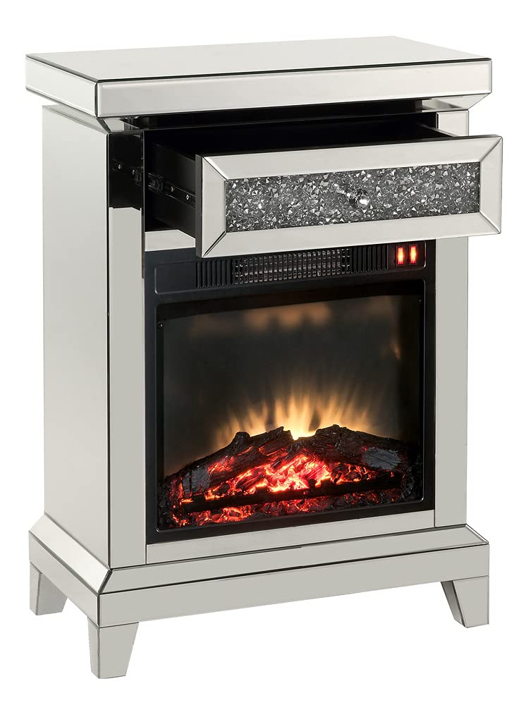 Acme Noralie Wooden Electric Fireplace with Drawer in Mirrored and Faux Diamonds