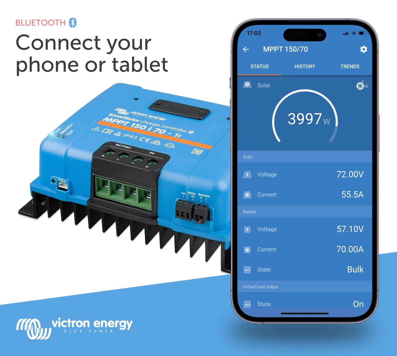 Victron Energy SmartSolar MPPT Tr 150V 70 amp 12/24/36/48-Volt Solar Charge Controller (Bluetooth)