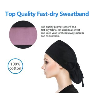 QBA Adjustable Working Cap with Button, Cotton Working Hat Sweatband, Elastic Bandage Tie Back Hats for Women & Men, One Size (Black PT)