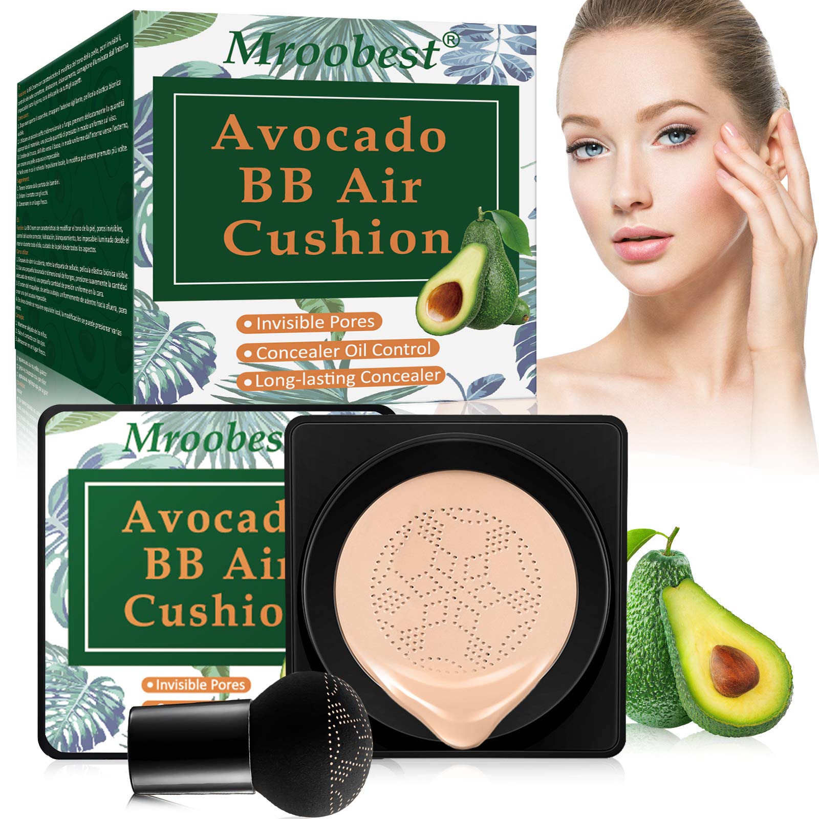 BB Mushroom Air Cushion, Avocado BB/CC Cream, All-Day Lasting Nude Foundation, Even Skin Tone Makeup Base, Easy to Apply, Thin, Moist