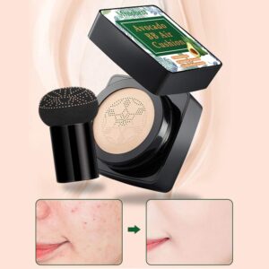 BB Mushroom Air Cushion, Avocado BB/CC Cream, All-Day Lasting Nude Foundation, Even Skin Tone Makeup Base, Easy to Apply, Thin, Moist