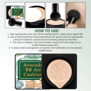 BB Mushroom Air Cushion, Avocado BB/CC Cream, All-Day Lasting Nude Foundation, Even Skin Tone Makeup Base, Easy to Apply, Thin, Moist