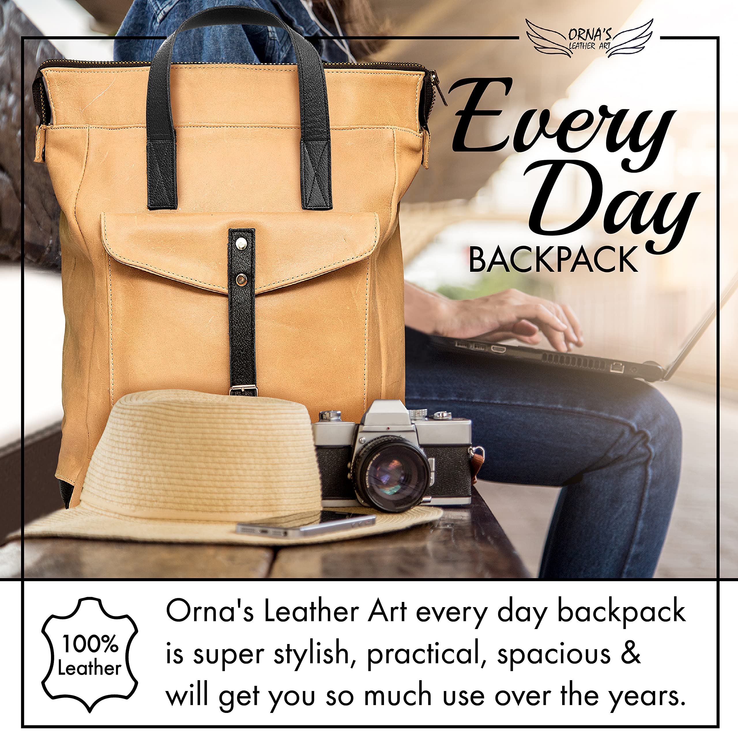 ORNA'S LEATHER ART | SWAN Everyday leather backpack for Women. Practical, Stylish and Spacious Women’s Bag. Real Leather in A Chic Backpack And Contemporary Design, (SAND)