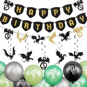 33 pieces dragon birthday party supplies dragon decorations, 20 dragon balloons 3 dragon banners 10 dragon hanging swirls for dragon themed party supplies