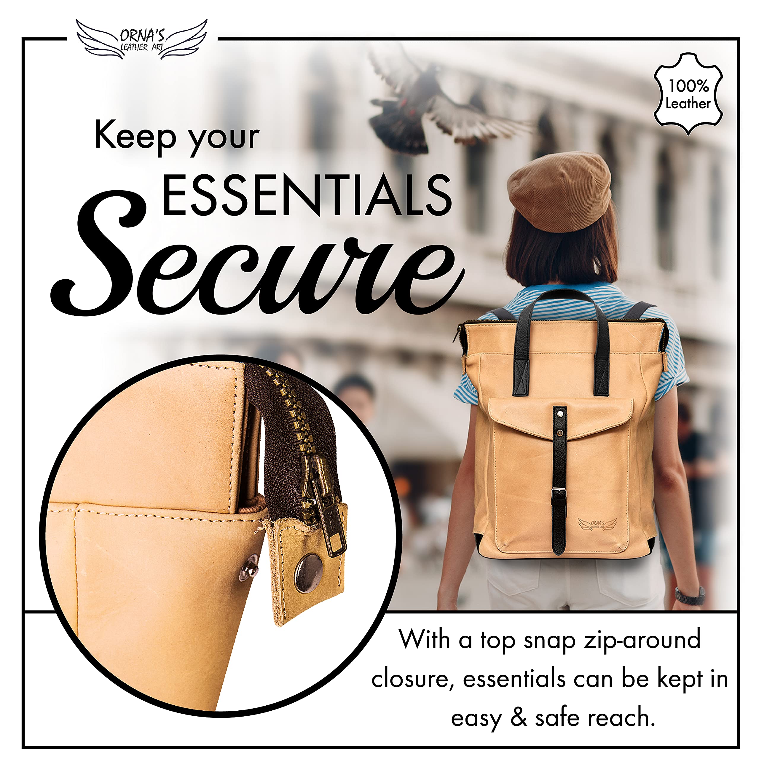 ORNA'S LEATHER ART | SWAN Everyday leather backpack for Women. Practical, Stylish and Spacious Women’s Bag. Real Leather in A Chic Backpack And Contemporary Design, (SAND)