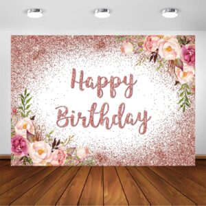 avezano rose gold birthday backdrop for girls women happy birthday party photography background blush pink floral rose gold glitters confetti bday decoration photoshoot banner (7x5ft)