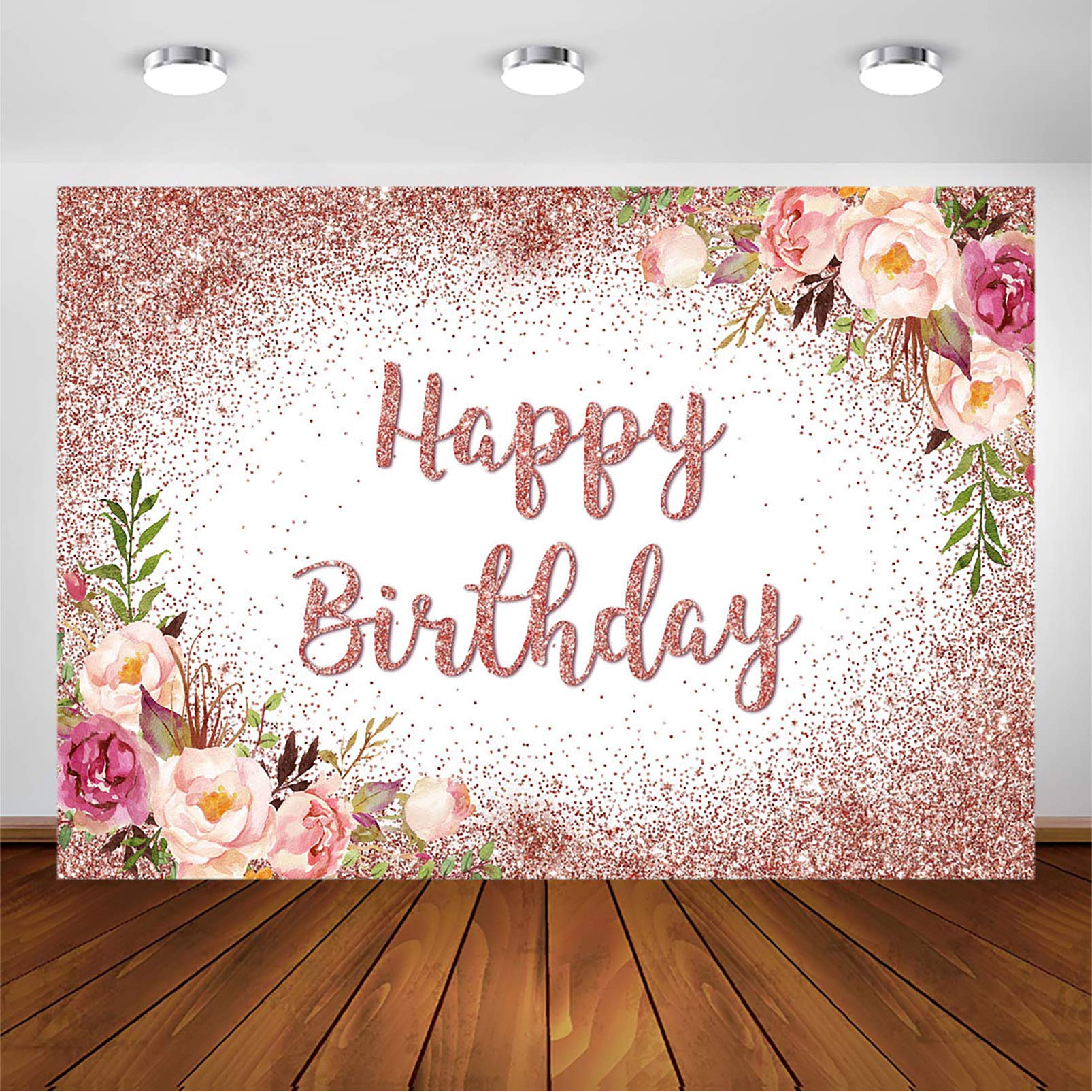 Avezano Rose Gold Birthday Backdrop for Girls Women Happy Birthday Party Photography Background Blush Pink Floral Rose Gold Glitters Confetti Bday Decoration Photoshoot Banner (7x5ft)