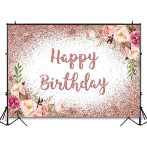 Avezano Rose Gold Birthday Backdrop for Girls Women Happy Birthday Party Photography Background Blush Pink Floral Rose Gold Glitters Confetti Bday Decoration Photoshoot Banner (7x5ft)