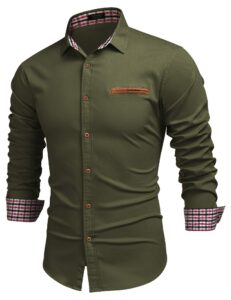 coofandy mens casual button-down shirt western dress type 01 - army green large long sleeve