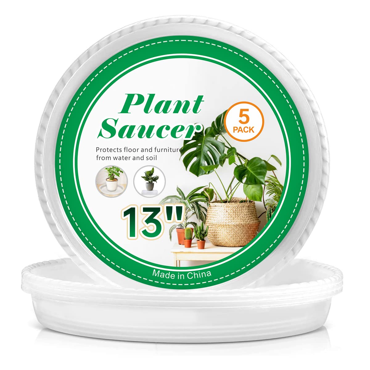 Plant Saucers - 13 inch - 5 Pack Durable Plastic Plant Trays, Clear Plastic Flower Plant Pot Saucer for Indoors and Outdoor