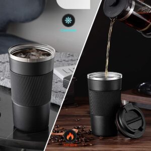 YINJOYI 17oz Travel Coffee Cups Insulated Mug Thermal Tumbler to Go with Lid Leak Proof Reusable Stainless Steel Coffee Mug Spill Proof for Hot and Iced Cold Drinks (Black, 510ml)