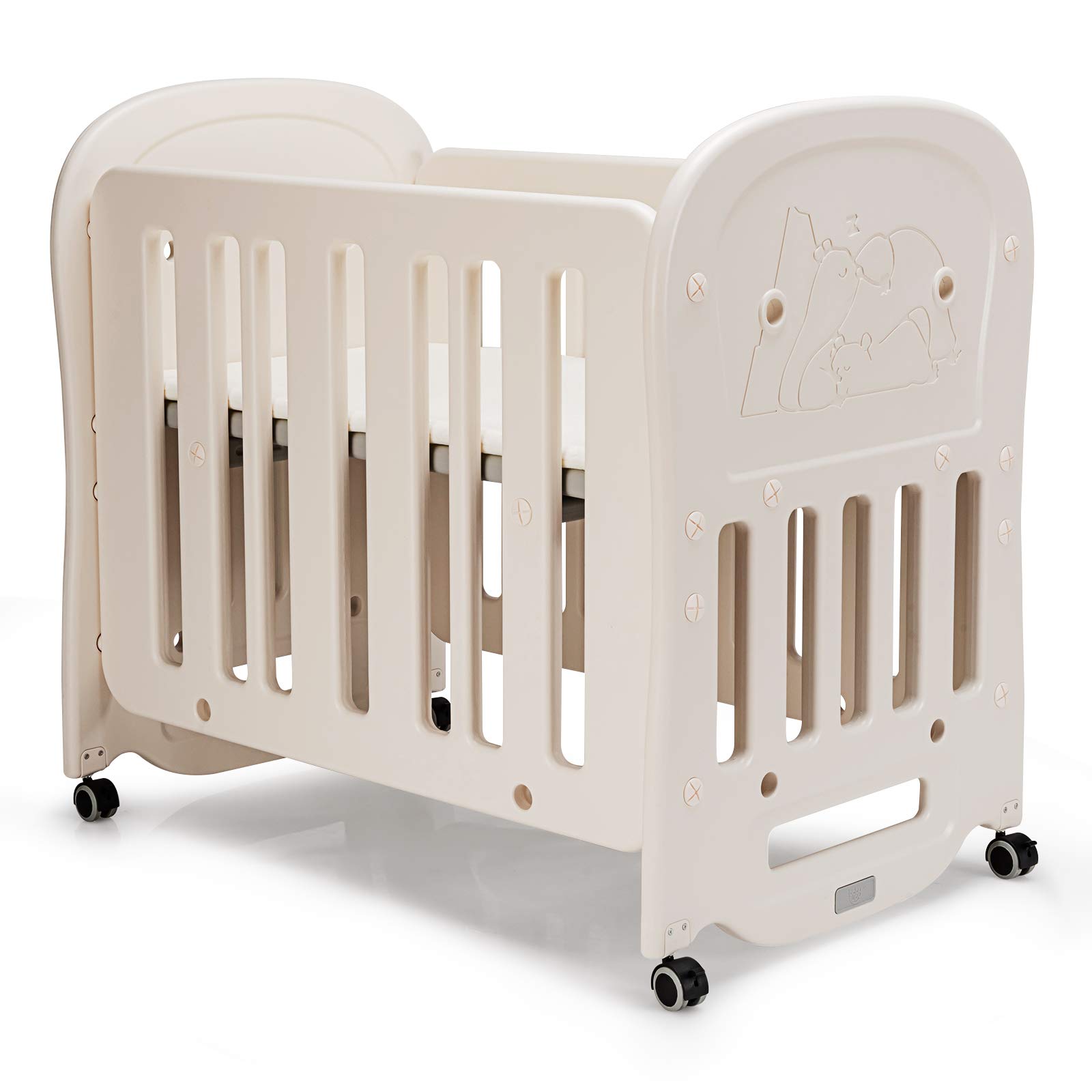 BABY JOY 3 in 1 Convertible Crib with Mattress Included, Rocking Bassinet Baby Bed with Detachable & Lockable Wheels for Easy Movement, Converts to Baby Playard, Toddler Bed (3-in-1)