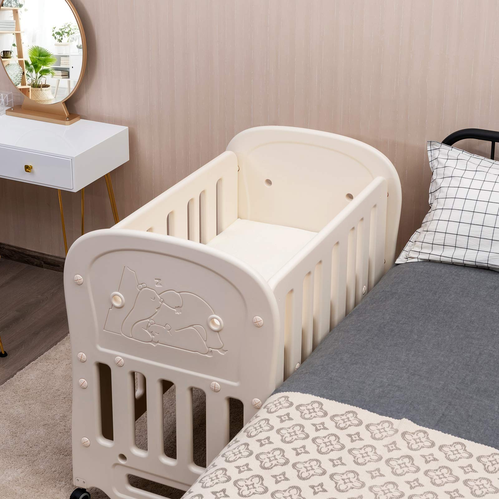 BABY JOY 3 in 1 Convertible Crib with Mattress Included, Rocking Bassinet Baby Bed with Detachable & Lockable Wheels for Easy Movement, Converts to Baby Playard, Toddler Bed (3-in-1)