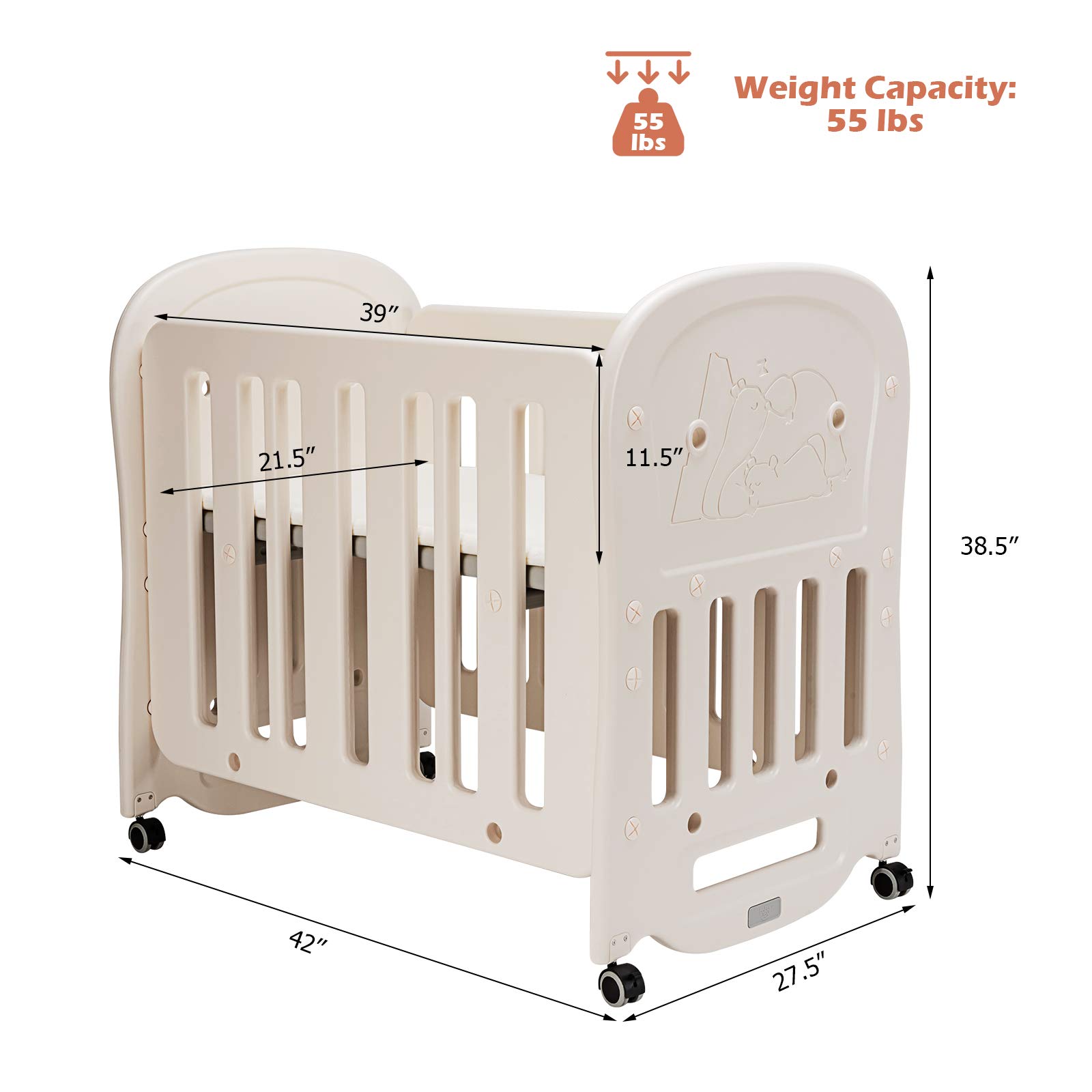 BABY JOY 3 in 1 Convertible Crib with Mattress Included, Rocking Bassinet Baby Bed with Detachable & Lockable Wheels for Easy Movement, Converts to Baby Playard, Toddler Bed (3-in-1)