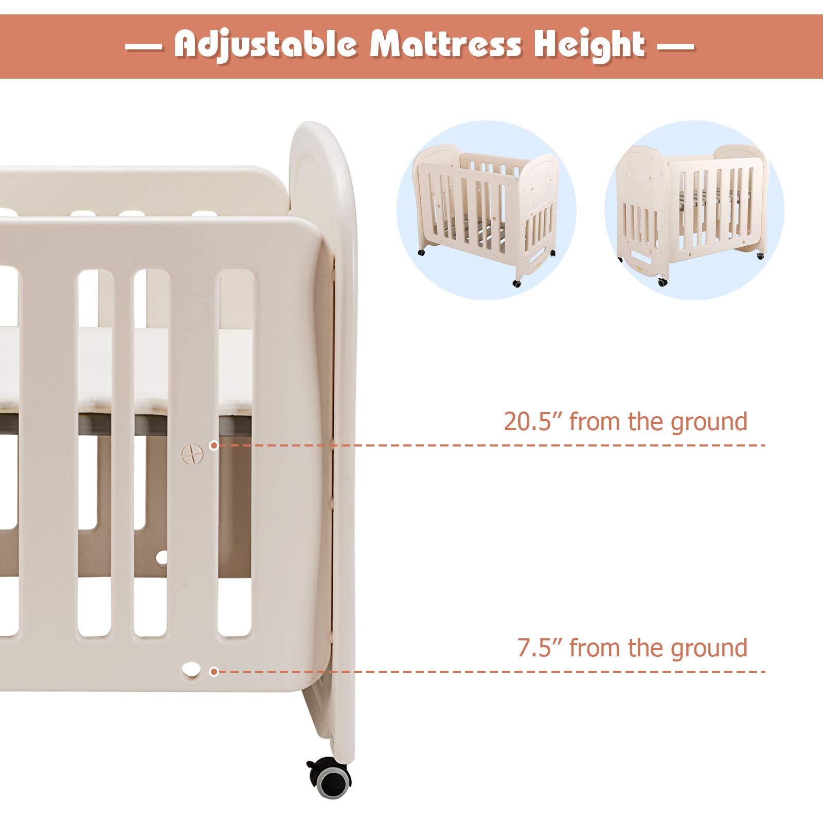 BABY JOY 3 in 1 Convertible Crib with Mattress Included, Rocking Bassinet Baby Bed with Detachable & Lockable Wheels for Easy Movement, Converts to Baby Playard, Toddler Bed (3-in-1)