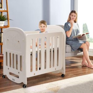 BABY JOY 3 in 1 Convertible Crib with Mattress Included, Rocking Bassinet Baby Bed with Detachable & Lockable Wheels for Easy Movement, Converts to Baby Playard, Toddler Bed (3-in-1)