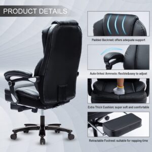 Kasorix Big and Tall Office Chairs 400lb Home Office Desk Chair with Footrest, Wide Seat PU Leather Oversized Executive Office Chairs with Wheels, Rolling Managerial Chair (Black)