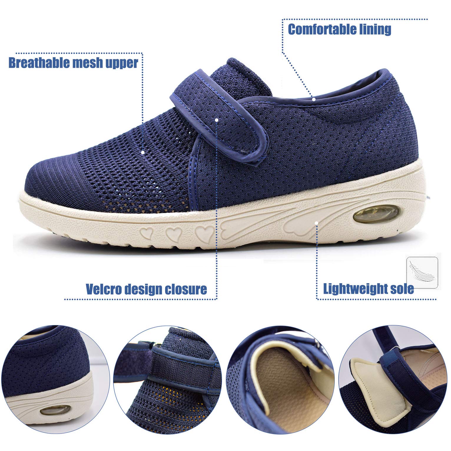 W&Le-Slippers Women's Wide Width Walking Shoes with Adjustable Closures, Air Cushion Breathable Mesh Sneakers for Elderly Diabetic Edema Swollen Feet(Mesh Blue,5)