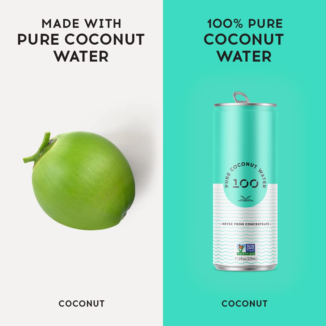 100 Coconuts Pure Coconut-100% Pure Coconut Water - Low Calorie All-Natural Drink with Electrolytes - Naturally Sweet, no preservatives - Non-GMO, 11 fl oz, Pack of 12 (Pure Coconut Water)