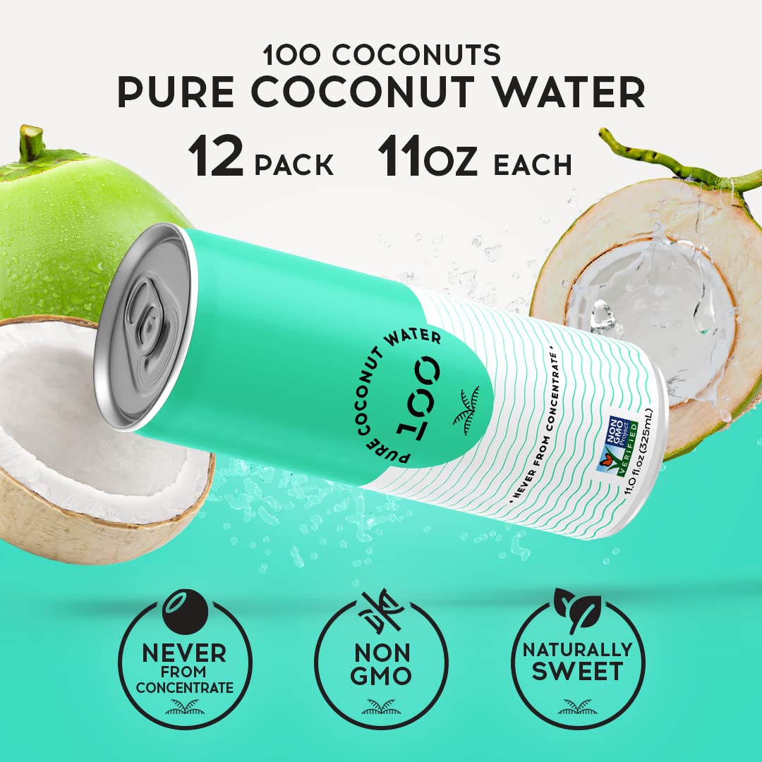 100 Coconuts Pure Coconut-100% Pure Coconut Water - Low Calorie All-Natural Drink with Electrolytes - Naturally Sweet, no preservatives - Non-GMO, 11 fl oz, Pack of 12 (Pure Coconut Water)