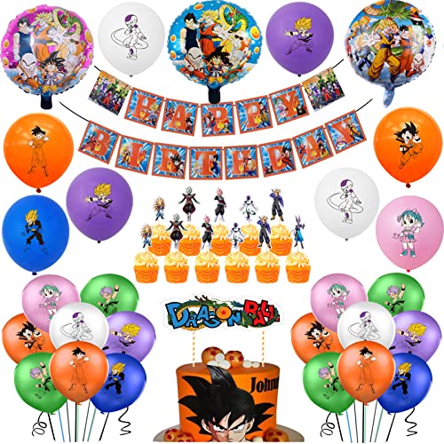 50Pcs Dragon Anime Party Decorations,Dragon Anime Party Banner,Super Saiyan Foil Balloon, Latex Balloon, Cupcake Topper and Cake Topper, Gokuing Party Supplies for kids