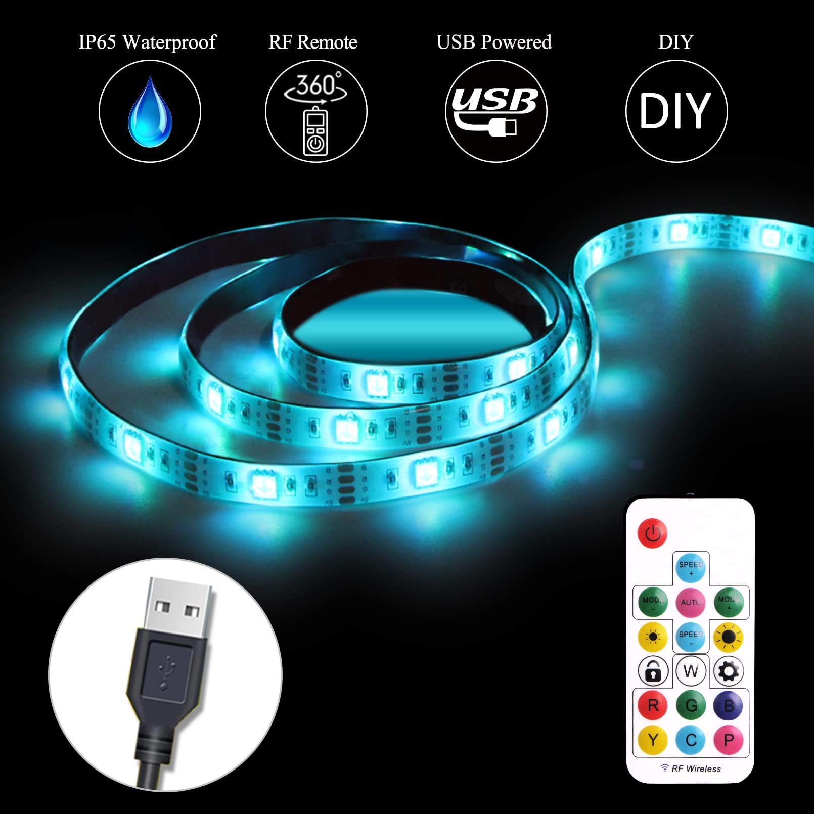 abtong USB Powered LED Strip Light TV Backlight 9.8FT/3M RGB Led Lights Waterproof USB Lights Strip with RF Remote TV/PC Background Bias Lighting Cuttable Strip Lights for Indoor DIY Decoration